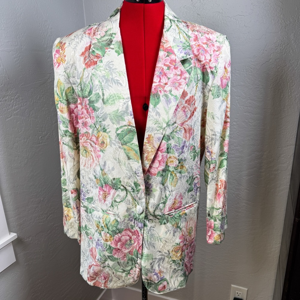 Vintage Kelly Stevens Retro Floral Brocade Blazer Jacket USA Made Size M